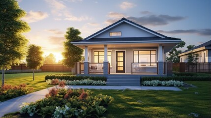 Beautiful exterior of newly home with green grass and blue sky during at sunrise.Front View of New Residential house for sale.Home For Sale,Rent,Housing and Real Estate concept. - obrazy, fototapety, plakaty