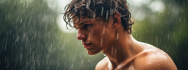 Young guy man in the rain. Generative AI,