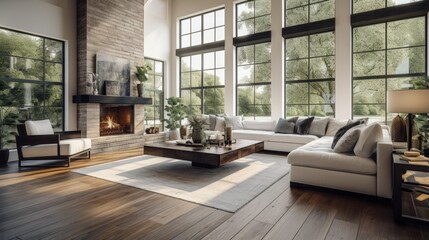 Beautiful living room interior with hardwood floors and fireplace in new luxury home. Large bank of windows with exterior view.