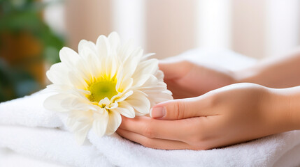 Obraz na płótnie Canvas Women hands with flowers spa salon. Generative AI,