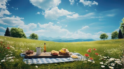 Picnic on Meadow at Sunny Day,Large copy space.