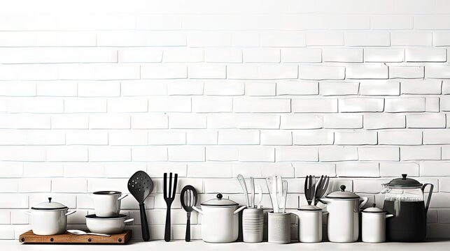 Fototapeta Kitchen tools, utensils and kitchenware on white brick wall background