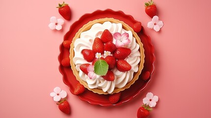 Naklejka premium delicious strawberry quick and simple tart pie with vanilla ice cream on the pink background. summer girls brunch party with strawberry pie and champagne. top view sunny light.