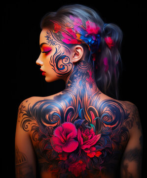 Radiate Confidence: Women's Back Tattoo in Neon Brilliance