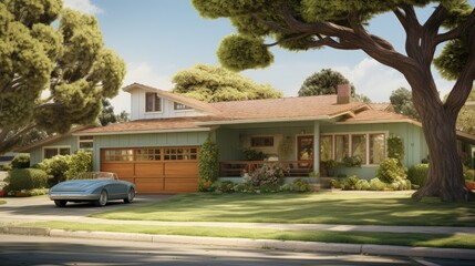 Fototapeta premium Large suburban house exterior with tree car garage