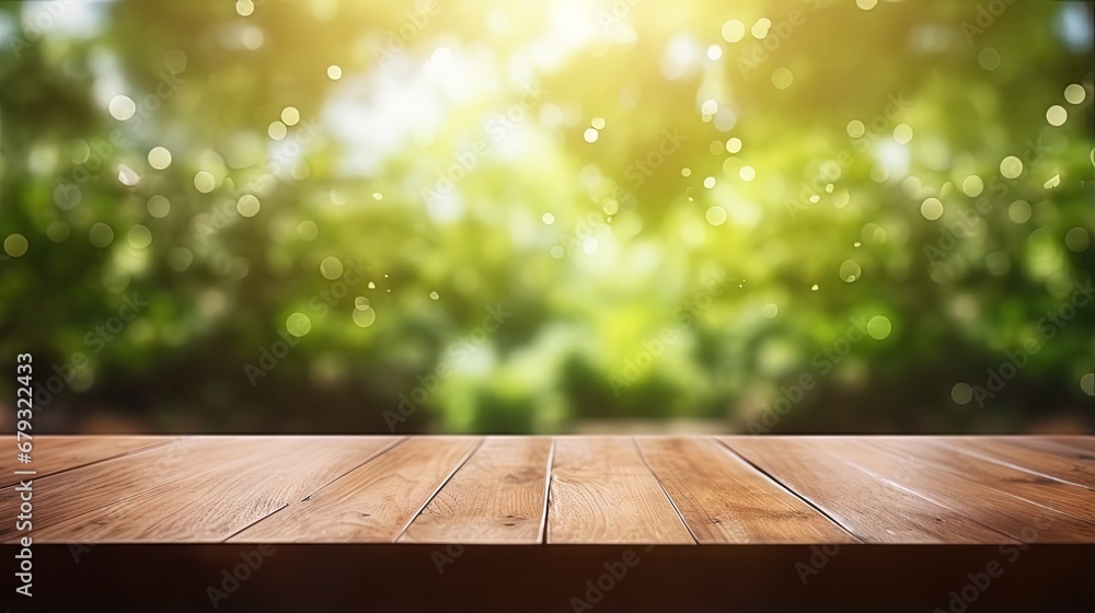 Poster empty wood table and defocused bokeh and blur background of garden trees with sunlight. product disp