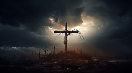 Obraz premium Dramatic image showing a religious church cross framed against a moody sky that is beginning to open and pierce light through behind the cross, showing the Lord's presence.