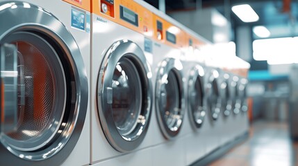 BANGKOK-THAILAND-July 20, 2022 : Selective focus to many washing machines in the laundry service center. Washing machines in the retail store. - obrazy, fototapety, plakaty
