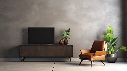 Cabinet TV in modern living room with armchair and plant on concrete wall background.3d rendering