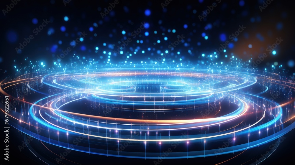 Poster Wireless systems, globalization, big data. Data analytics, blockchain technology. 3D illustration of circular paths. Orbital motion abstract background