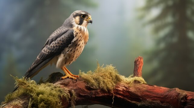 The Eurasian hobby Falco subbuteo or just hobby, is a small, slim falcon, Falconidae, young bird on the branch. - Powered by Adobe