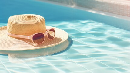 Sunglasses and straw hat on marble swimming pool side with clear blue water with waves sunlight shadow reflections. Minimal fashion aesthetic summer vacation creative background
