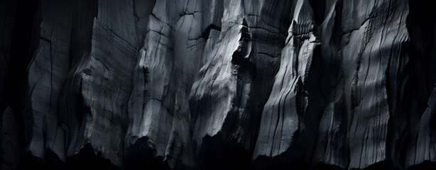 black and white photo of rugged cliffs with deep shadows and highlights, creating a dramatic and textured natural rock formation