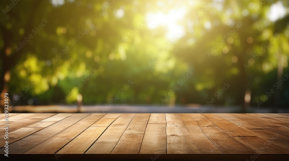 Poster empty wood table and defocused bokeh and blur background of garden trees with sunlight. product disp