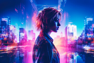 Obraz premium Dystopian Dreams: A Person in Neon Reflections
