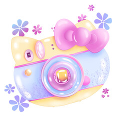 Kawaii sweet  cute girl pink photo card camera  flowers  for t shirt . Inspirational quote card, invitation, banner, lettering, poster. Cartoon  happy  tee preschool 