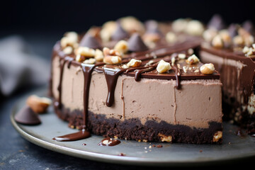 homemade chocolate hazelnut cake cheesecake with dark icing
