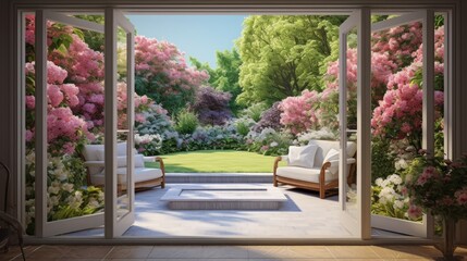 Beautiful garden and patio in summer seen from stylish designer room through bifold doors. - obrazy, fototapety, plakaty