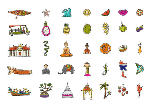 Travel to Thailand. Concept art design with Siam elements, map, people and landmarks, thai food etc. Icons set. Vector illustration