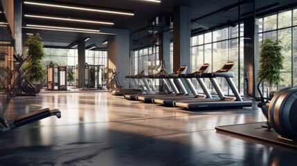 interior of modern light gym with equipments and treadmills and big mirror - obrazy, fototapety, plakaty