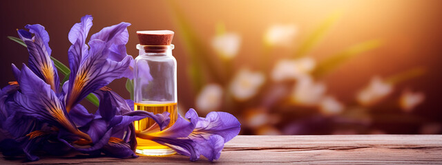 Iris essential oil in a bottle. Generative AI,