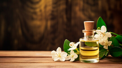 Jasmine essential oil in a bottle. Generative AI, - obrazy, fototapety, plakaty