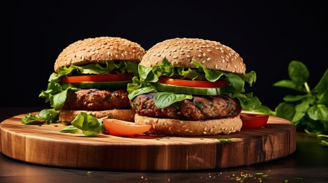 Healthy Vegetarian Meat Free Burgers On Round Chopping Board With Vegetables And Spinach On Light Background.