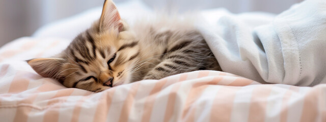 The kitten is sleeping in bed. Generative AI, - obrazy, fototapety, plakaty
