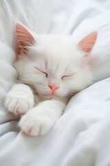 Fototapeta na wymiar The kitten is sleeping in bed. Generative AI,