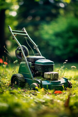 Fototapeta premium A lawn mower mows the lawn. Generative AI,