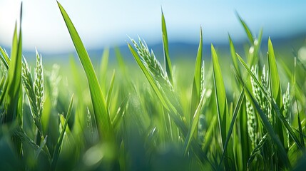 Macro close up of fresh ears of young green wheat in spring field. Agriculture scene.