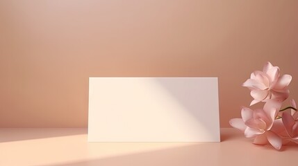 Minimalistic aesthetic brand template, empty paper card on a pastel pink and neutral beige background with floral abstract sunlight shadows, copy space,