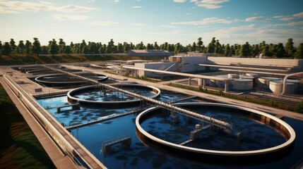 Wastewater treatment plant. Reservoir for purification of sewage. - obrazy, fototapety, plakaty