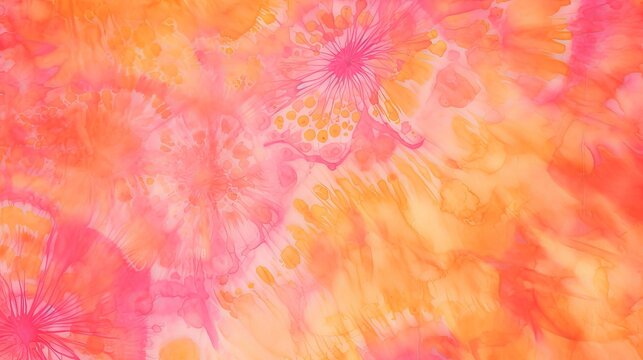 Orange Watercolor Batik Repeat. Tiedye Print Fun Illustration. Washed Optical Indonesian Watercolor Batik Repeat. Handmade Pink Illustration. Tie Multi. Texture Paint Simple.