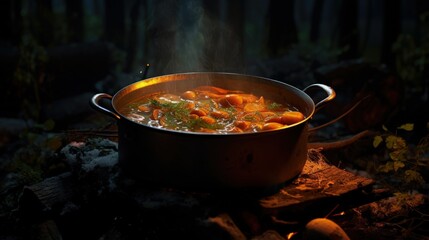 A pot of hot food in the forest, outdoor recreation at night. Hiking, travel and wilderness recreation, cooking soup over the fire.