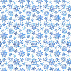 Seamless pattern watercolor filigree snowflakes with aquarelle texture violet blue splatters,dots,splashes in different shapes on white background.Backdrop for christmas,new year,X-mas