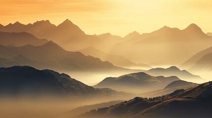 Giau Pass Italy. Dawn in the mountains. Haze over mountain peaks. Silhouettes of mountain slopes under sunlight.