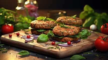 Healthy vegetarian meat free burgers on round chopping board with vegetables and spinach on light...
