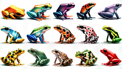 Illustration Multicolored poisonous tropical frogs. Illustration of colorful poisonous frogs on a white background. Set of different aligned frogs. Generative Ai. - obrazy, fototapety, plakaty
