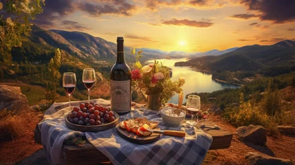 Fotobehang Romantic picnic on the mountain with river and sunset on background. Bottle of wine, glasses and dessert. © HN Works