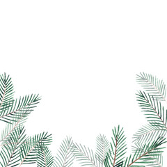 Watercolor frame mock up with green fir conferious christmas tree branches twigs isolated on white background with copy space.Decoration for christmas new year xmas party.Square