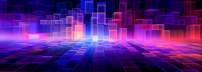 vibrant, digital abstract of neon-colored, three-dimensional blocks against a dark background, giving a sense of depth and futuristic design