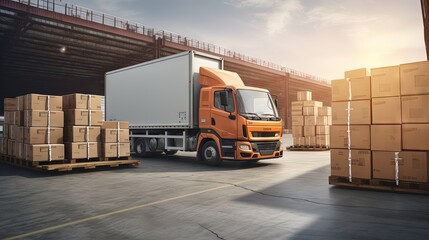 Stacked of Package Boxes on Pallets Loading with Shipping Cargo Container. Truck Parked Loading at Dock Warehouse. Delivery. Supply Chain. Warehouse Logistics. Cargo Freight Truck Transportation.