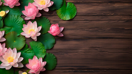 Lotus flowers on a wooden background. Generative AI,