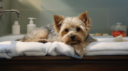 Little dog at spa resting after grooming