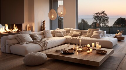 Luxurious modern living room at dusk with nature view.