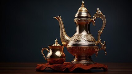 Arabic Coffee pot traditional. Saudi Coffee Dallah, A still life of Saudi traditional coffee pot or Dallah, Traditional Hospitality (Saudi Arabia). - obrazy, fototapety, plakaty
