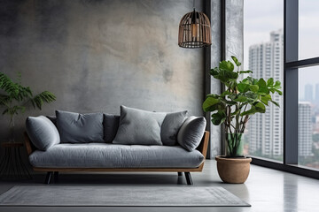 Modern living room with grey sofa and plant, 3d render illustration