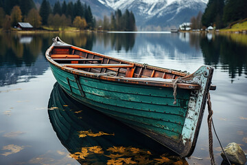 Obraz premium A lone canoe on a misty lake. Generative Ai