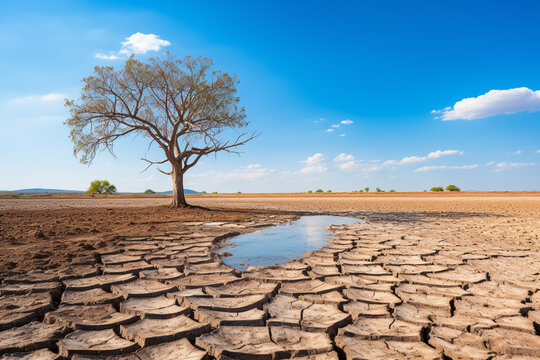 Lonely tree in the arid desert. Climate change concept